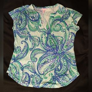 Lilly Pulitzer Duvall Notch linen top with pocket Paisley print